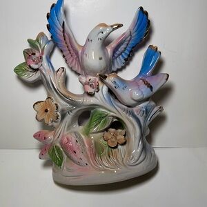 Vintage Porcelain Birds Figurine Tree Branch Floral Pastel Gold Accents